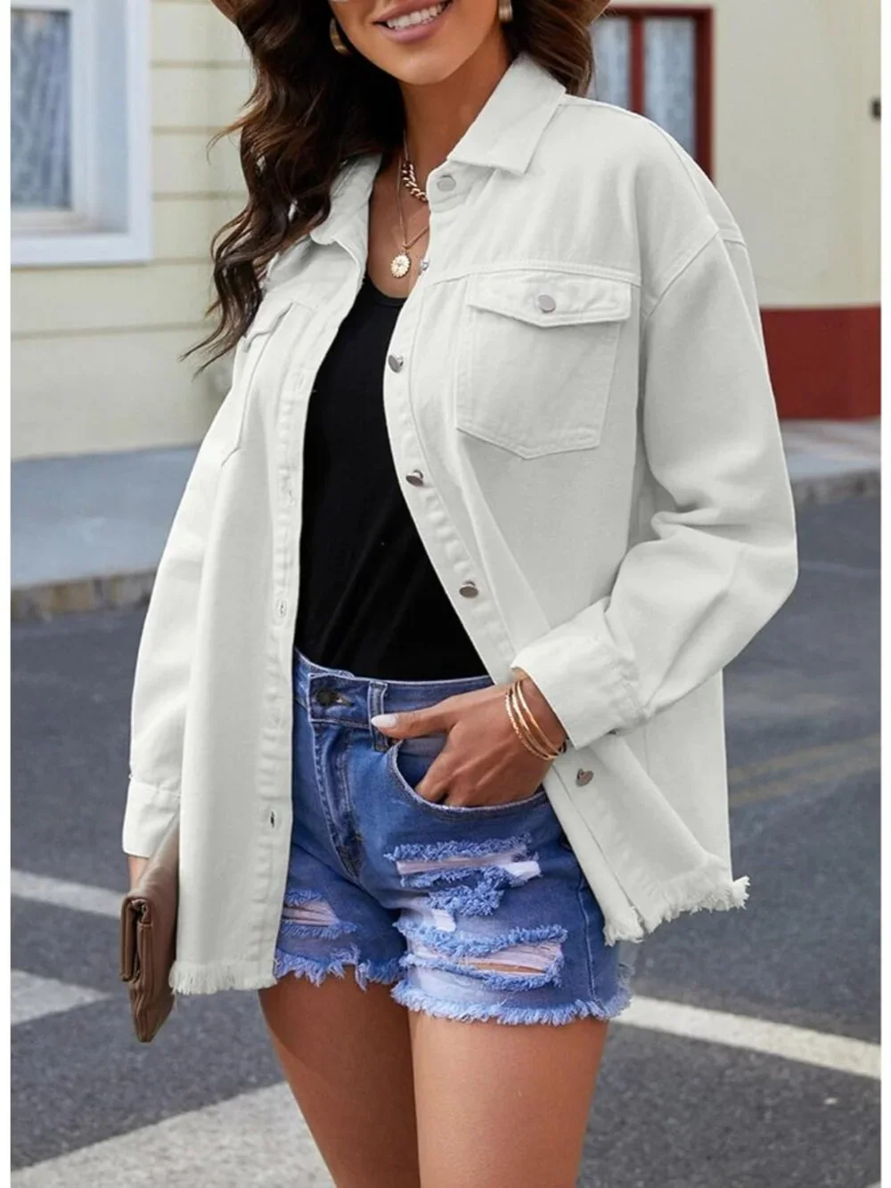 Women's White Denim Button Down Oversized Distressed Boyfriend Jean Jacket